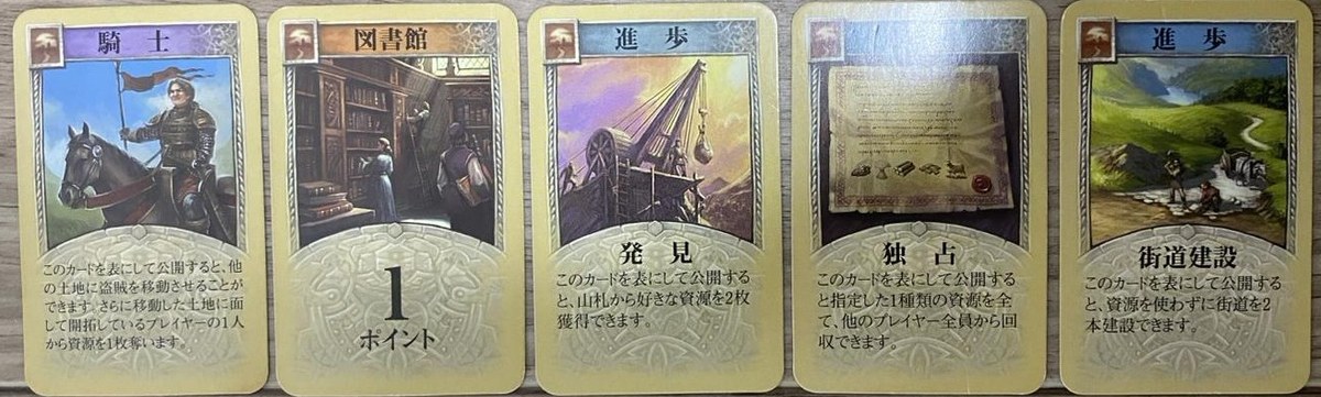 実際のカタンの発展カードを並べて撮影した写真。左から騎士、図書館(1ポイント)、進歩カードの発見・街道建設、独占