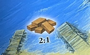 実際のカタンの海フレームに描かれた2:1の木材専用港の写真。木材のアイコンと「2:1」の文字が描かれている