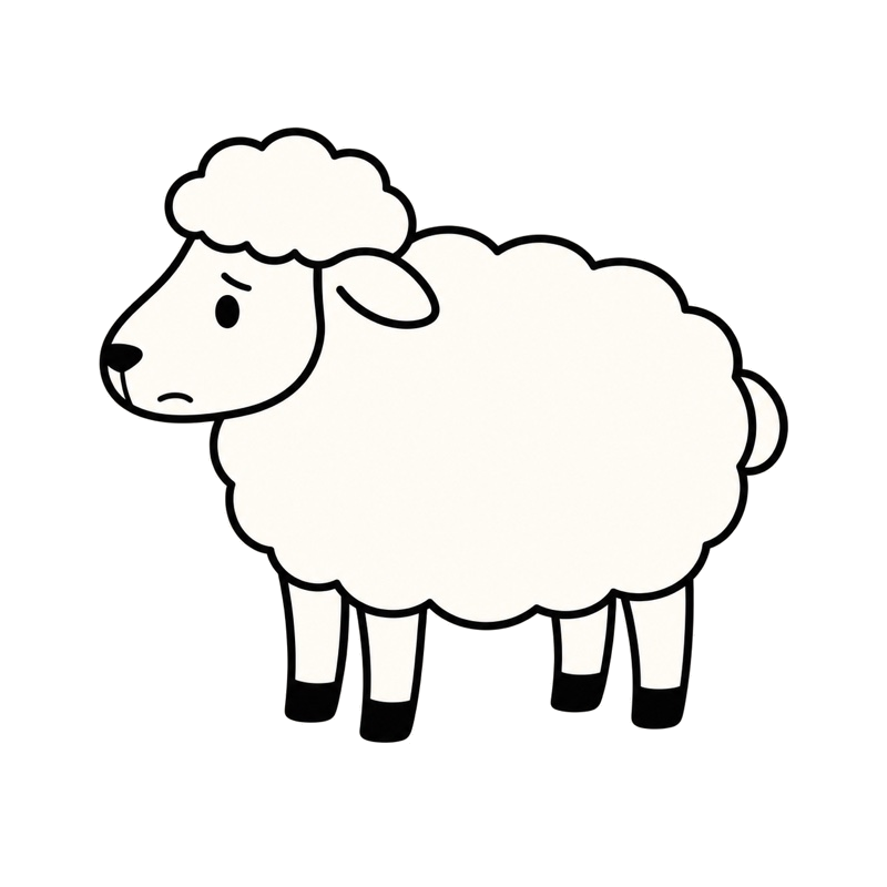 困り顔で左を向いたカタンの羊のシンプルな線画イラスト。羊毛が一番使い道の少ない資源であることを表している