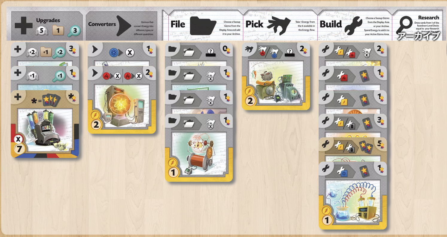 実際のギズモのオンライン対戦（BoardGameArena）の最終局面。個人ボードに5枚のギズモが建築されており、左端にコスト「X」「7」の多色ギズモが置かれている